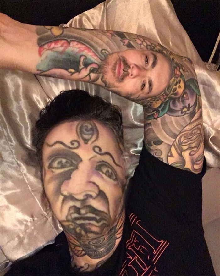Face-swapped tattoo displaying a surreal design on a person's body.
