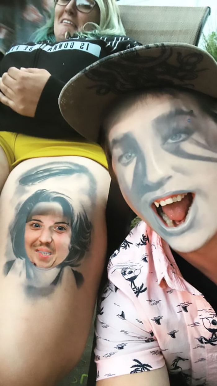 People face swapping tattoos with unsettling results, featuring a leg tattoo and a person's face modified similarly.