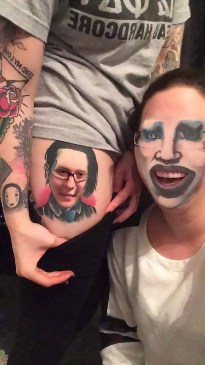 Face swapping tattoos on a body with unsettling results, depicting a face on a hip tattoo and makeup face swap.