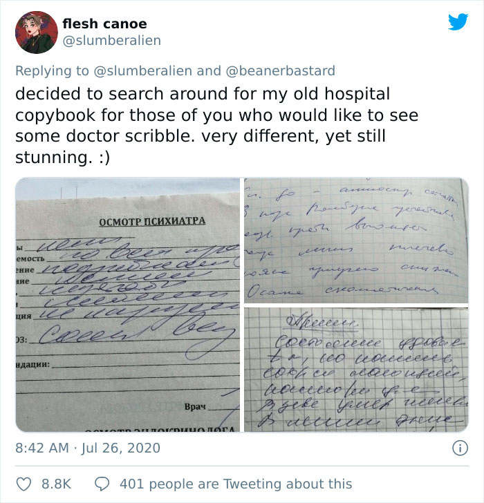 Samples of difficult-to-read doctor handwriting and Russian cursive script on medical papers and notebooks.