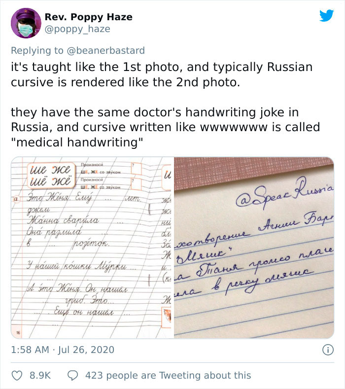 Tweet showing examples of Russian cursive handwriting compared to printed text, illustrating difficult doctor&rsquo;s handwriting style.