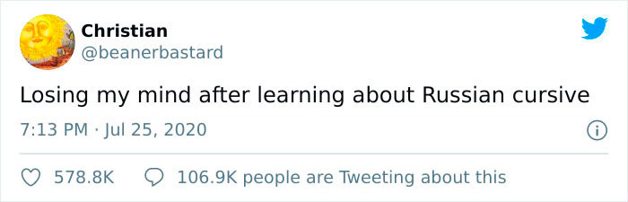 Tweet by Christian expressing frustration after learning about Russian cursive handwriting style on Twitter.