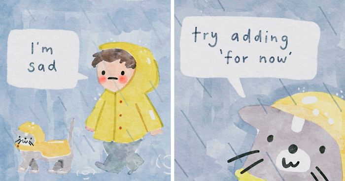 Artist Draws Wholesome Watercolor Comics Where A Cat Is Giving Out Mental Health Advice (20 Pics)