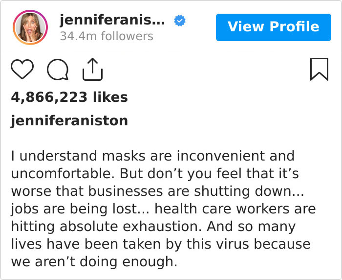 Jennifer Aniston's Sincere Post About The Need To Wear A Face Mask Gets 5 Million Likes In 10 Hours