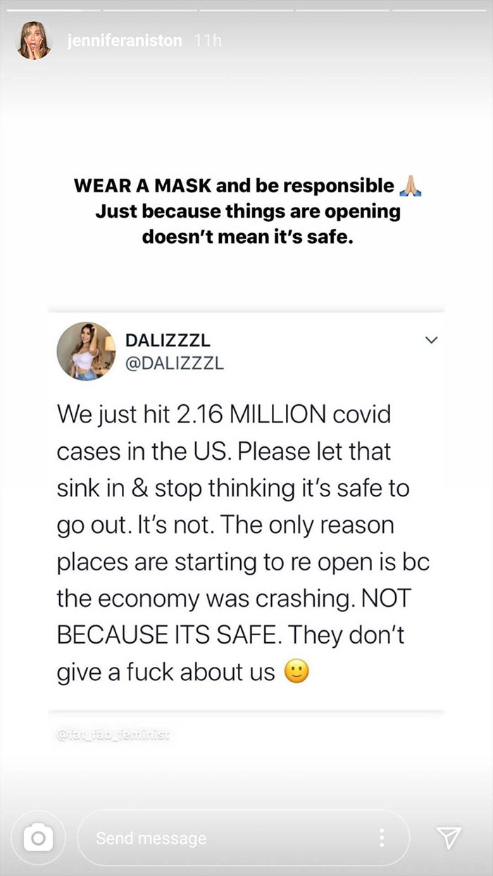 Jennifer Aniston's Sincere Post About The Need To Wear A Face Mask Gets 5 Million Likes In 10 Hours