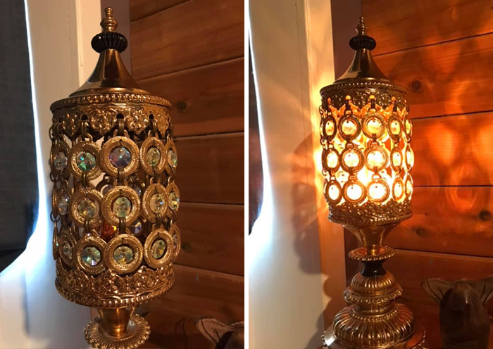 Somebody’s Nonna Loved This Lamp. It Has All Its Crystals And The Amber Bulb Gives It A Shagadelic Yet Cozy Vibe! I Saw It From Across The Church Rummage Sale, And Practically Knocked Over An Elderly Fellow Patron To Get To It As Soon As A Volunteer Plugged It In. Ten Bucks And It’s All Mine