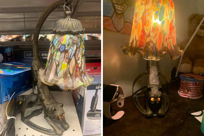 I Found This Brass Cat Lamp With Hand Blown Glass Lampshade. This Is So Weird And Unusual Because It’s A Rare Find. The Eyes Light Up When The Lamp Is On. I Found It At The Anaheim Goodwill