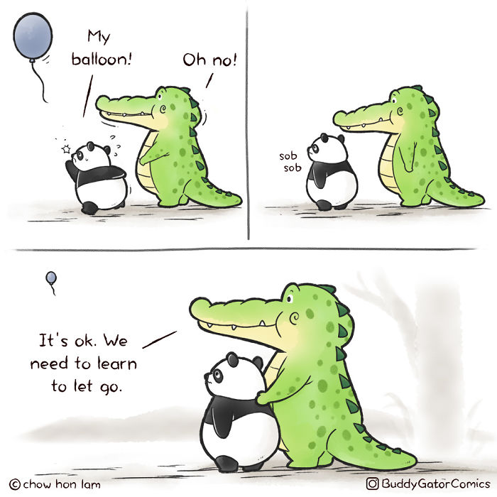 Wholesome alligator comic comforting a sad panda about losing a balloon to spread positive vibes.