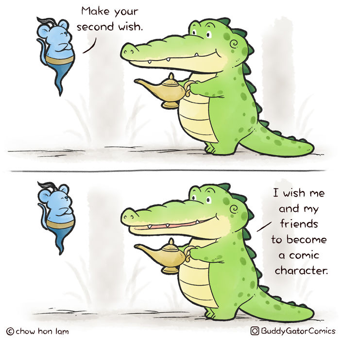 Wholesome alligator comic holding a magic lamp, making a wish to become a comic character with positive vibes.
