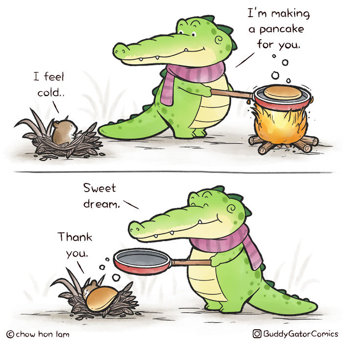 Wholesome alligator comic cooking pancake over fire to share positive vibes with a small brown animal in nest.