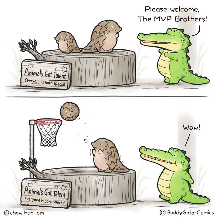 Wholesome alligator cheerfully introduces birds performing talent show tricks in positive vibes comic strip.