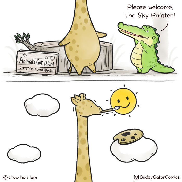 Comic featuring a wholesome alligator and giraffe painting a smiling sun, spreading positive vibes with animal talent show theme.