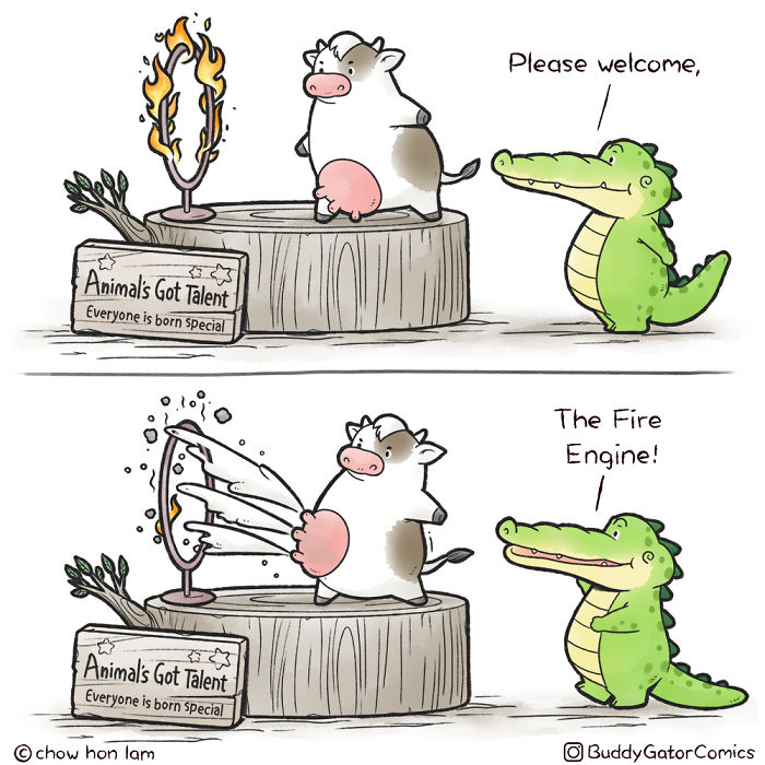 Wholesome alligator hosting animal talent show with a cow squirting water through flaming hoop in positive vibes comic.
