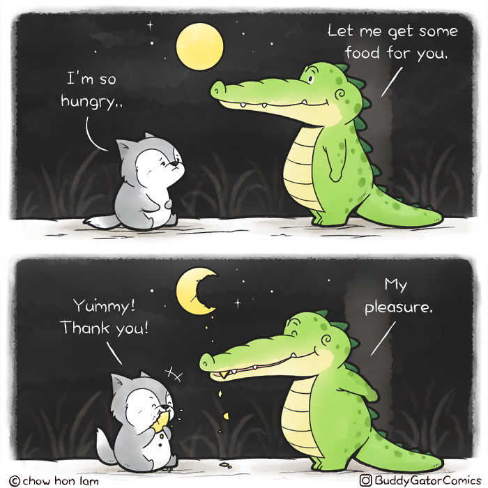 Wholesome alligator comic showing a friendly alligator feeding a hungry small animal under the night sky.