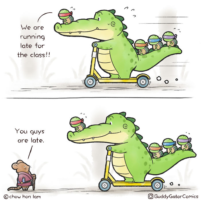 Wholesome alligator comic riding a scooter with small turtles, spreading positive vibes in a playful cartoon style.