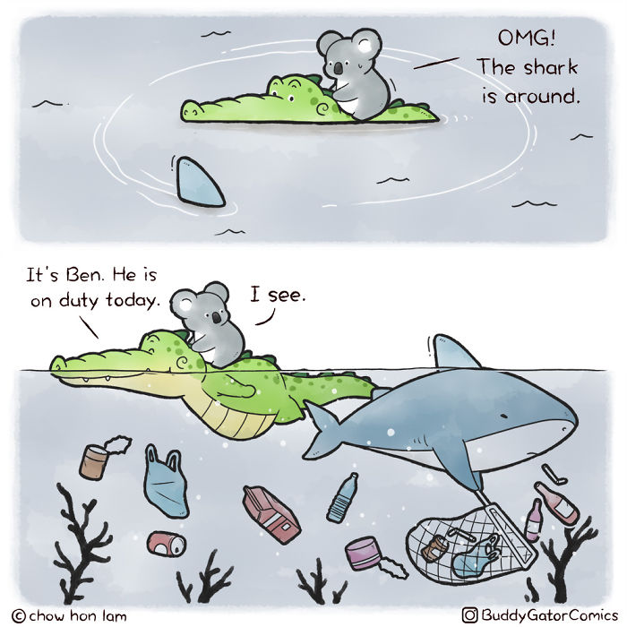 Comic featuring a wholesome alligator and a koala spreading positive vibes while facing a shark in polluted waters.
