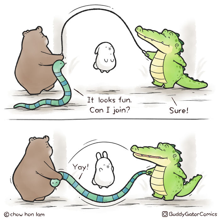 Wholesome alligator comic jumping rope with friends, spreading positive vibes through playful and friendly moments.