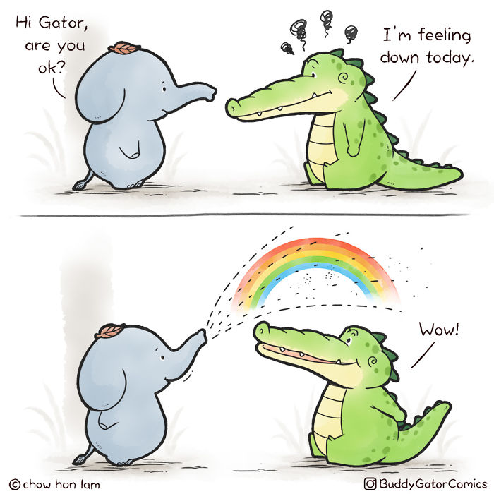A wholesome alligator and an elephant comic spreading positive vibes with a colorful rainbow illustration.
