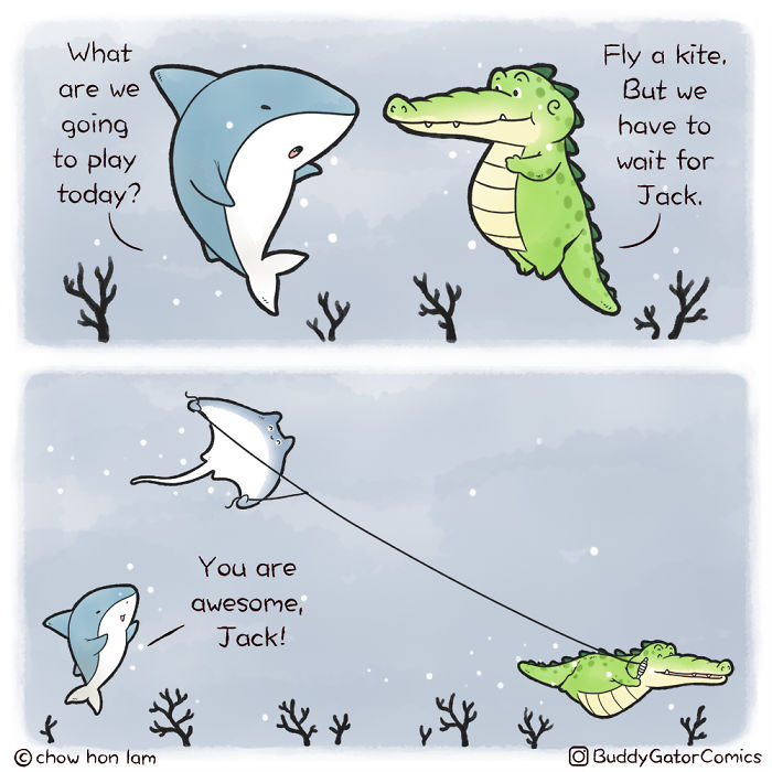 Comic of a wholesome alligator flying a kite underwater with a shark, spreading positive vibes and friendship.