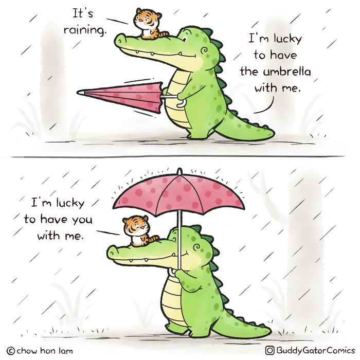Wholesome alligator holding an umbrella with a small tiger on its head, sharing positive vibes in rain.