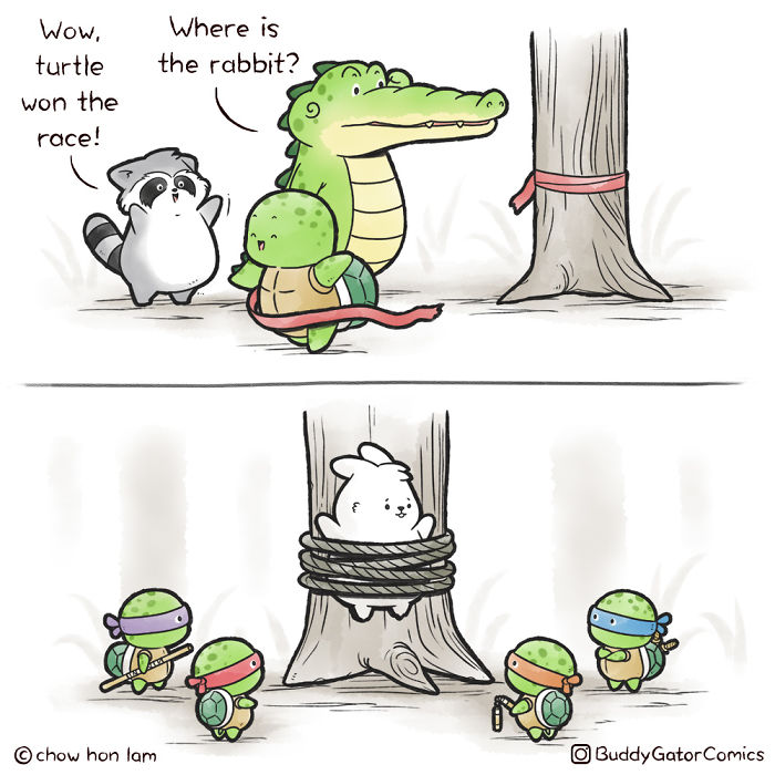 Wholesome alligator and friends in a comic strip spreading positive vibes with cute animal characters in a playful race scene.