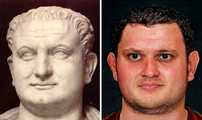 Bust of a Roman emperor next to a facial reconstruction created using AI and Photoshop techniques.
