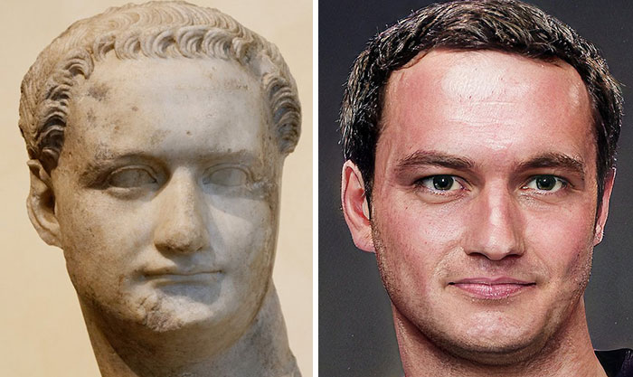Side-by-side image of a Roman emperor marble bust and a facial reconstruction using AI and Photoshop techniques.