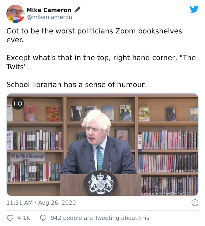 People Notice A Very Specific Book Arrangement Behind Boris Johnson During His Speech, Think The Librarian Did It
