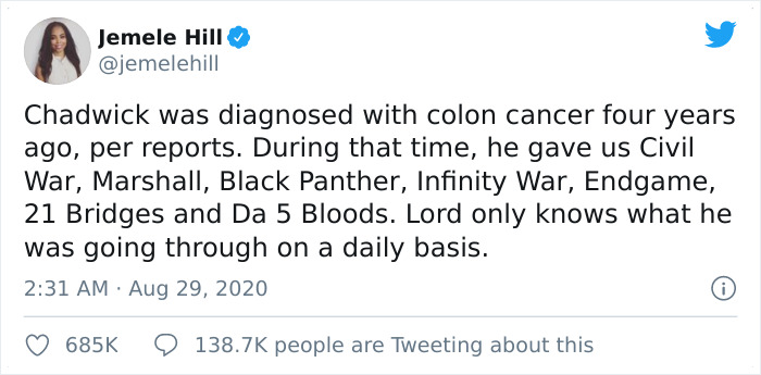 Tweet discusses Chadwick Boseman&rsquo;s cancer diagnosis and his film contributions during his illness.