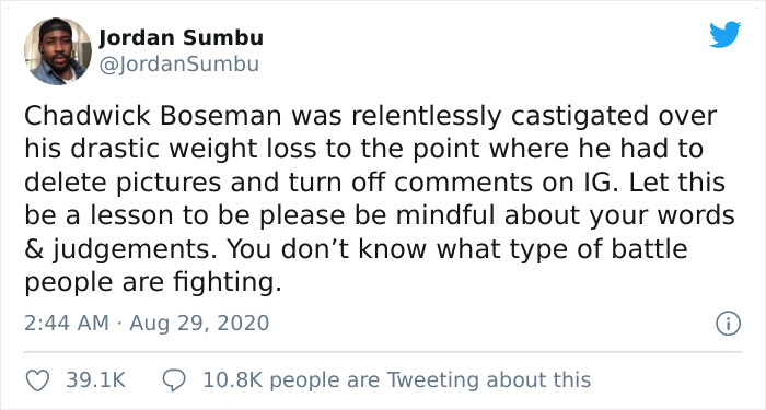 Tweet discussing lessons on judging Chadwick Boseman's weight loss.