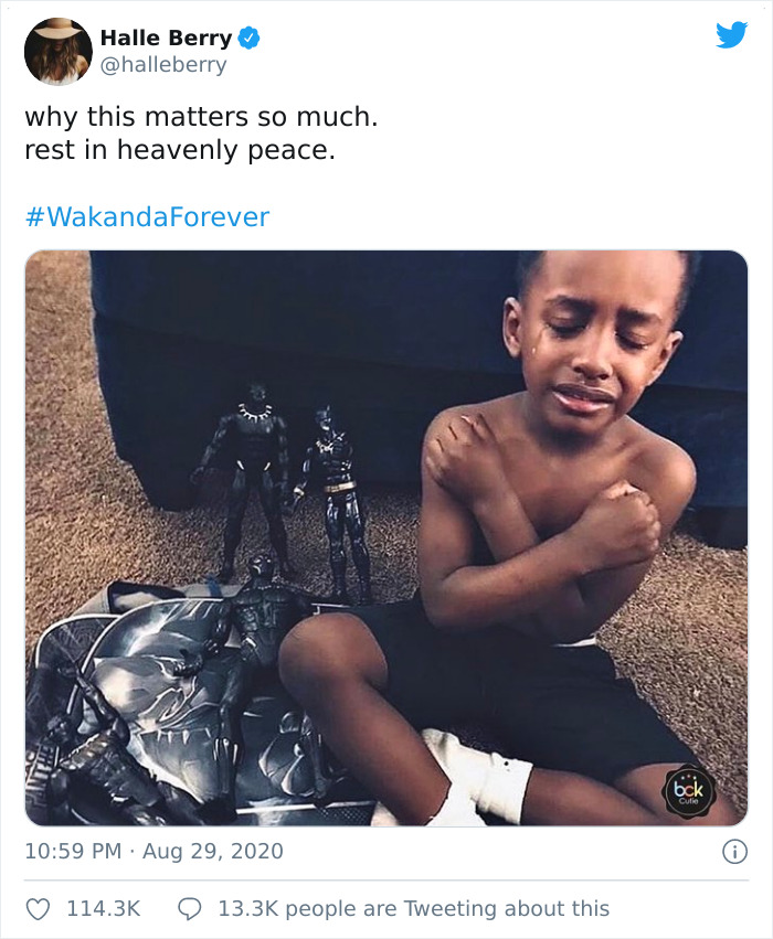 Young child crying and hugging self beside Black Panther action figure memorial honoring late hero.