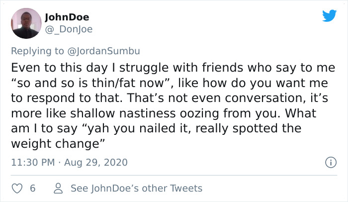 Tweet about people regretting mocking Chadwick Boseman for weight loss, discussing societal attitudes.