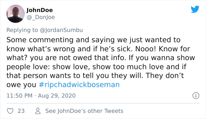 Tweet discussing the reaction to Chadwick Boseman's weight loss and respect for privacy.