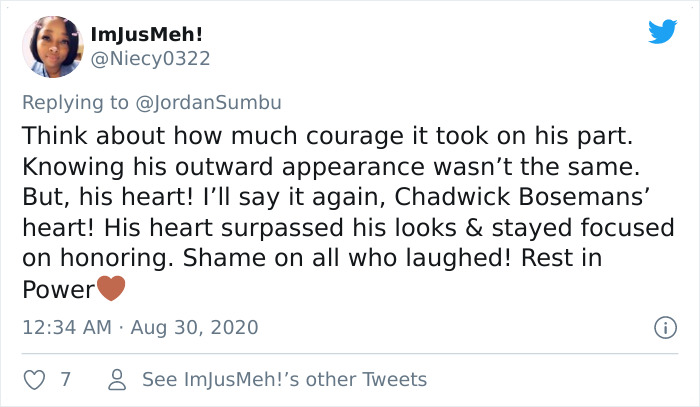 Tweet expressing regret over mocking Chadwick Boseman's weight loss, highlighting his courage and heart.