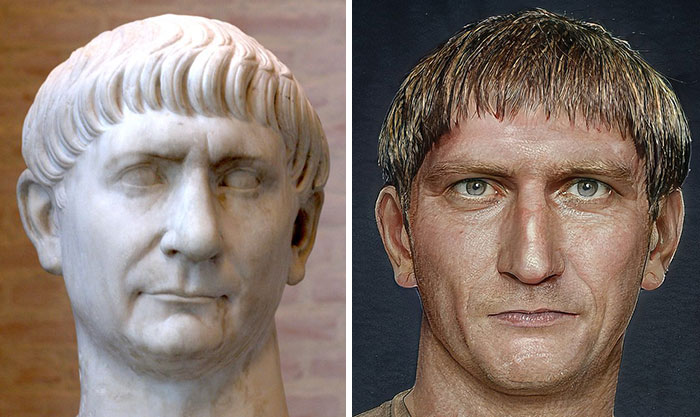 Marble bust of Roman emperor side by side with a facial reconstruction using AI and Photoshop techniques.