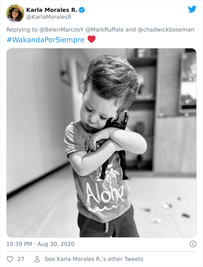 Young child hugging a Black Panther action figure in a heartfelt memorial tribute by kids.