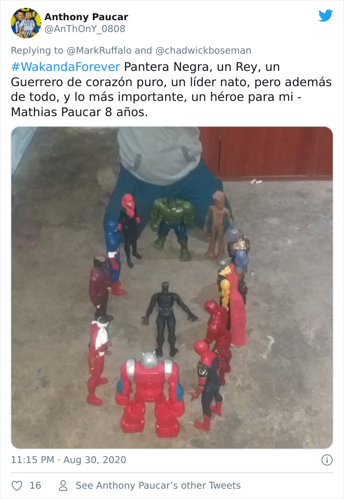 Child's action figures arranged in a circle honoring late Black Panther in a heartfelt memorial moment.