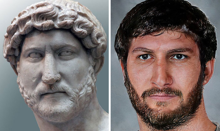 Left side shows a Roman emperor marble bust, right side shows his realistic facial reconstruction using AI and Photoshop.