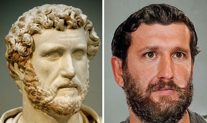 Side-by-side comparison of a Roman emperor marble bust and a realistic facial reconstruction using AI and Photoshop techniques.