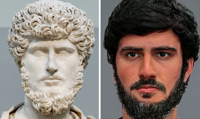 Side-by-side comparison of a Roman emperor’s marble bust and facial reconstruction using AI and Photoshop.