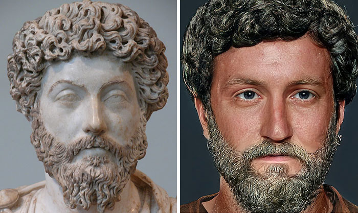 Side-by-side comparison of Roman emperor bust and realistic facial reconstruction using AI and Photoshop techniques.