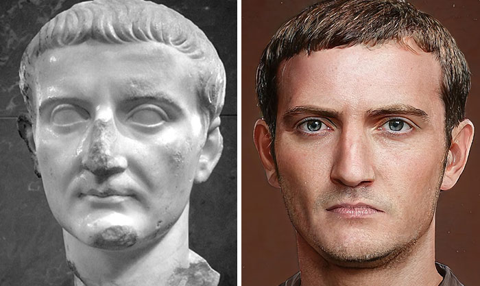 Side-by-side comparison of a Roman emperor bust and its realistic facial reconstruction using AI and Photoshop techniques.