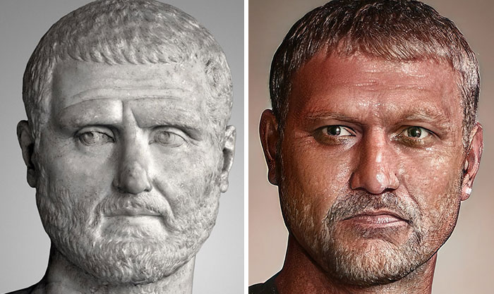 Side-by-side comparison of a Roman emperor bust and a facial reconstruction created using AI and Photoshop techniques.