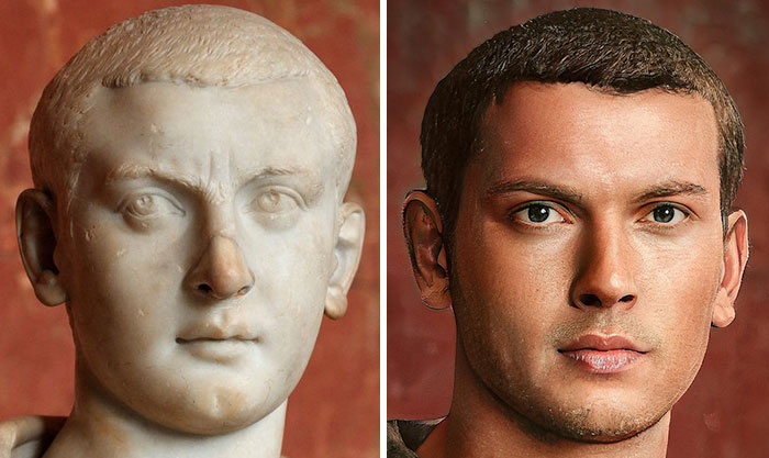 Side-by-side comparison of a Roman emperor marble bust and a facial reconstruction using AI and Photoshop technology.