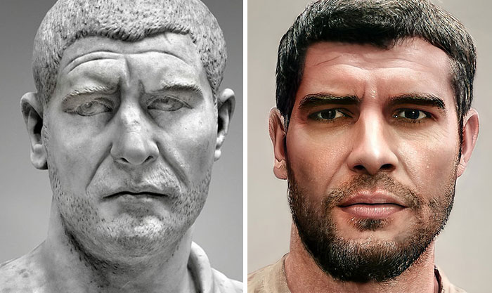 Marble bust of Roman emperor beside a realistic facial reconstruction created using AI and Photoshop techniques.
