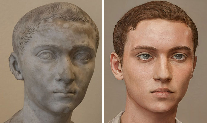 Side-by-side comparison of a Roman emperor bust and its facial reconstruction using AI and Photoshop techniques.
