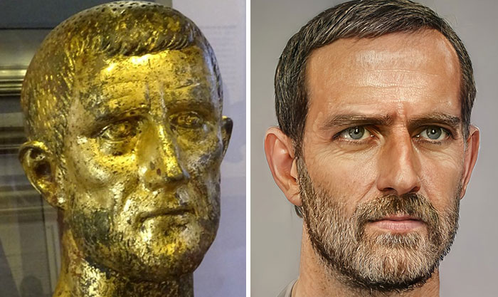 Side-by-side comparison of a golden Roman emperor bust and a realistic facial reconstruction using AI and Photoshop.