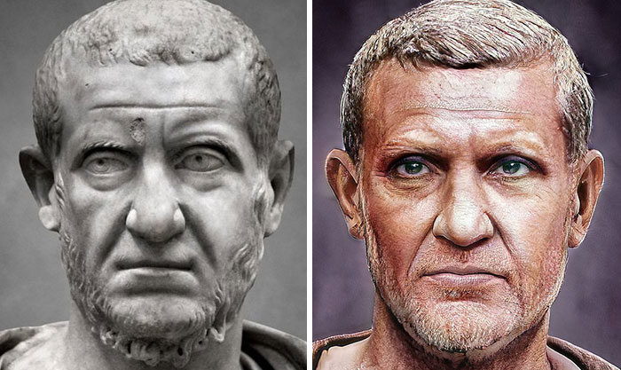 Side-by-side comparison of a Roman emperor bust and a realistic facial reconstruction created using AI and Photoshop.