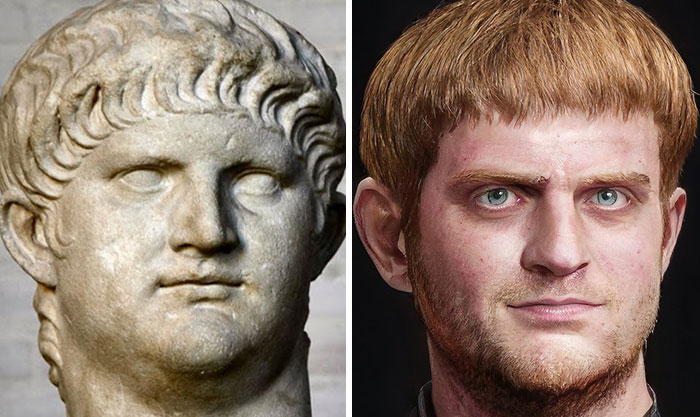 Side-by-side comparison of a Roman emperor bust and a facial reconstruction using AI and Photoshop to show real-life appearance.