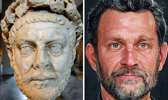 Side-by-side view of a Roman emperor bust and a facial reconstruction using AI and Photoshop techniques.